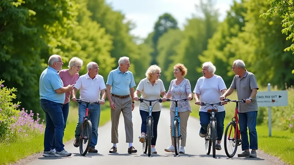 Community cycling group at a greenway junction with signage