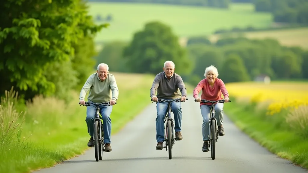 Senior cyclists riding together on a flat, scenic greenway route