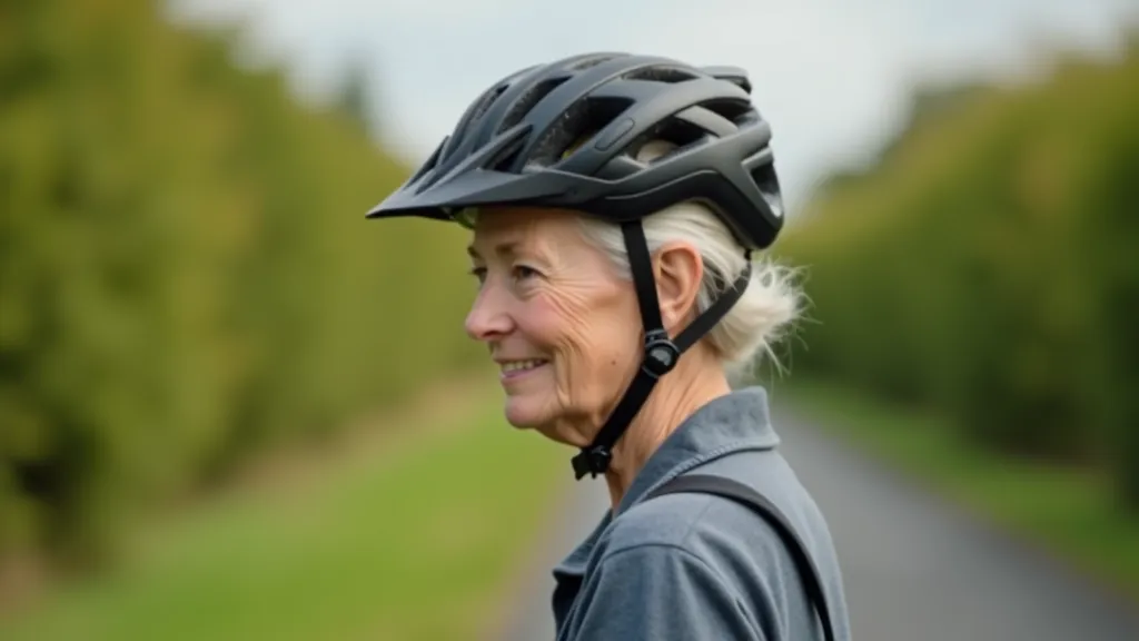 Close-up of properly fitted bicycle helmet on cyclist's head showing correct positioning and strap arrangement