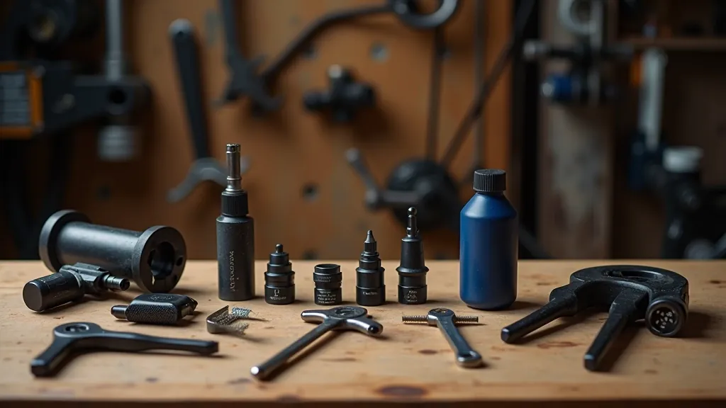 Bicycle maintenance tools including pump, hex keys, chain brush, and tire levers organized on a workbench