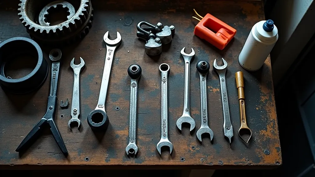 Close-up of bike maintenance tools and bicycle components on a workbench