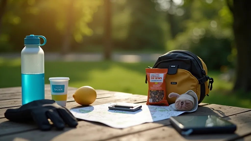 Cyclist's backpack with water bottle, snacks, and cycling essentials laid out neatly