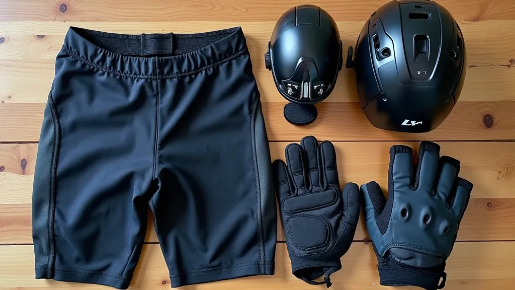 Laid out cycling safety gear including padded shorts, cycling gloves with wrist protection, and protective clothing on table