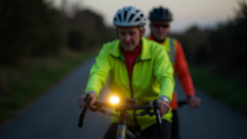 Cyclist wearing bright reflective vest and using white front light and red rear light on evening cycle path