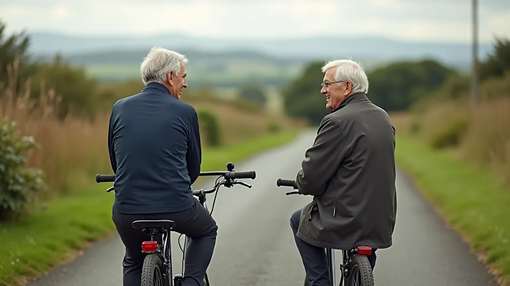 Close-up of cyclists stopping at a scenic viewpoint on the Greenway, relaxing and enjoying conversation together