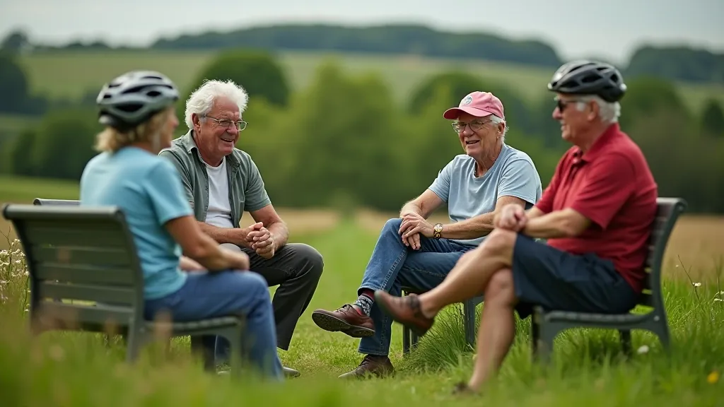 Group of seniors enjoying a cycling break at a scenic Greenway stop point