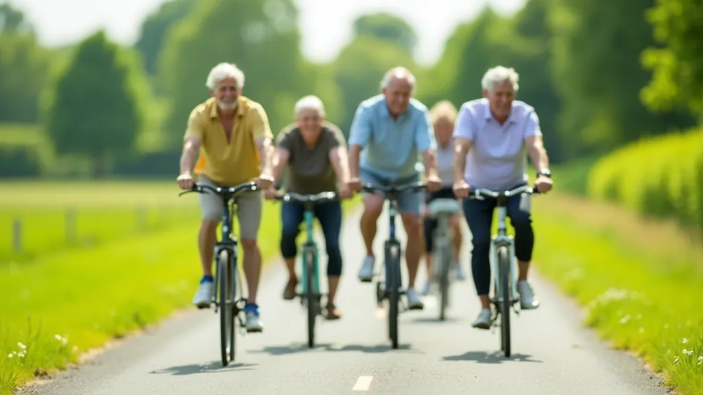 Older adults cycling together on a flat paved greenway with green fields visible in the background, sunny day, Mayo landscape