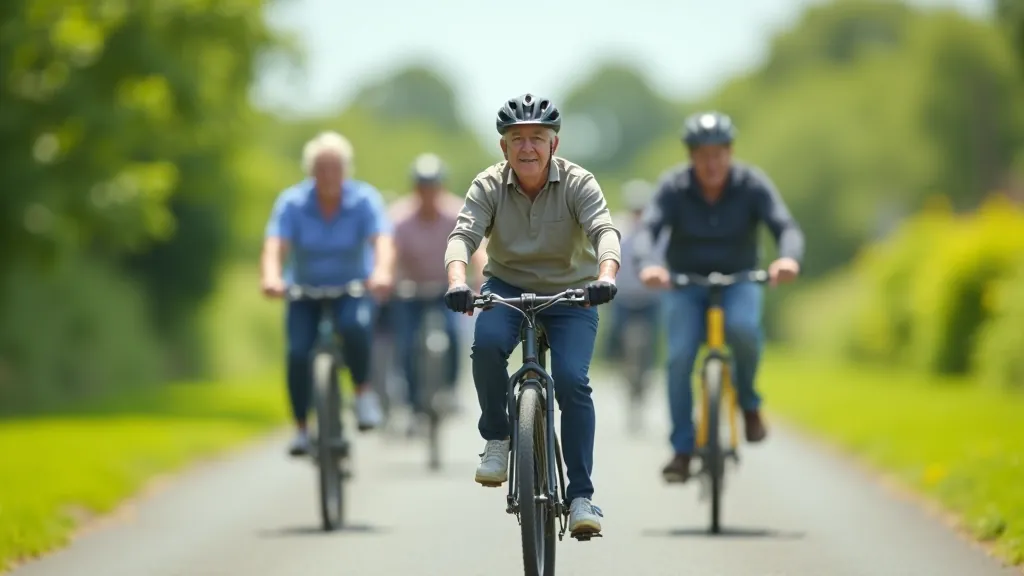 Group of seniors cycling together on the flat surface of the Great Western Greenway