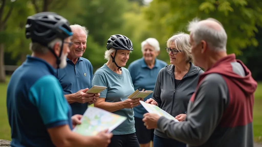 Senior cyclists gathered at a rest point on the Greenway, checking maps and discussing the route ahead