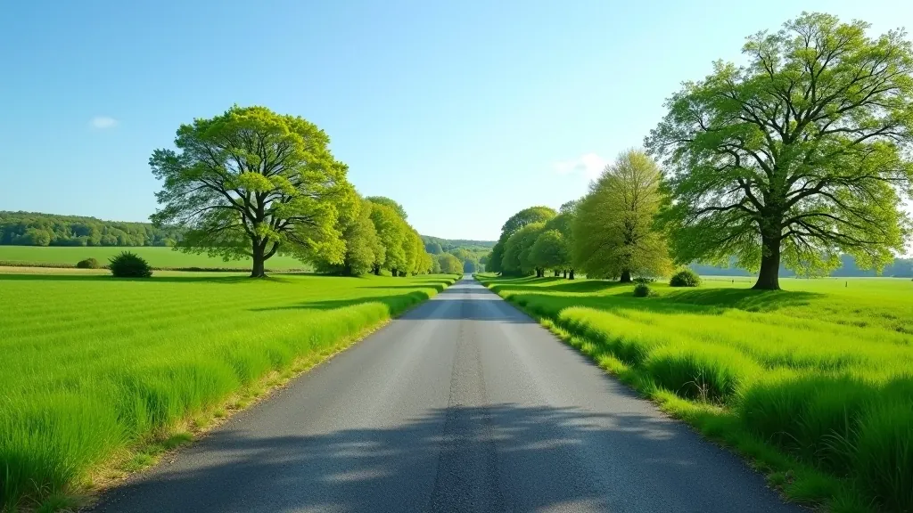 Flat paved cycling greenway path stretching into the distance with rolling green hills and fields on both sides, scenic Mayo landscape, bright daylight