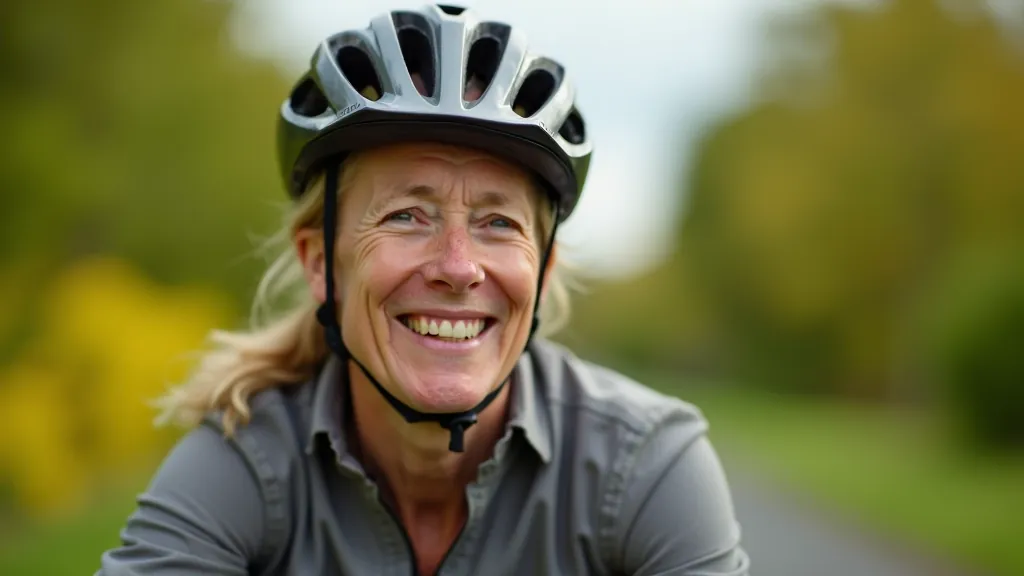 Close-up of senior cyclist wearing safety helmet on the Greenway