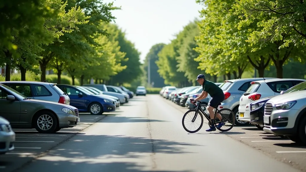 Spacious car park with greenway entrance sign and cyclists preparing bikes