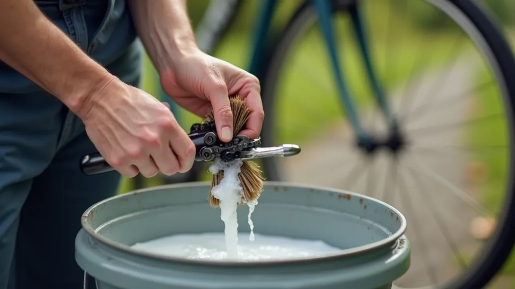 Hands cleaning a bicycle chain with a brush over a bucket of soapy water