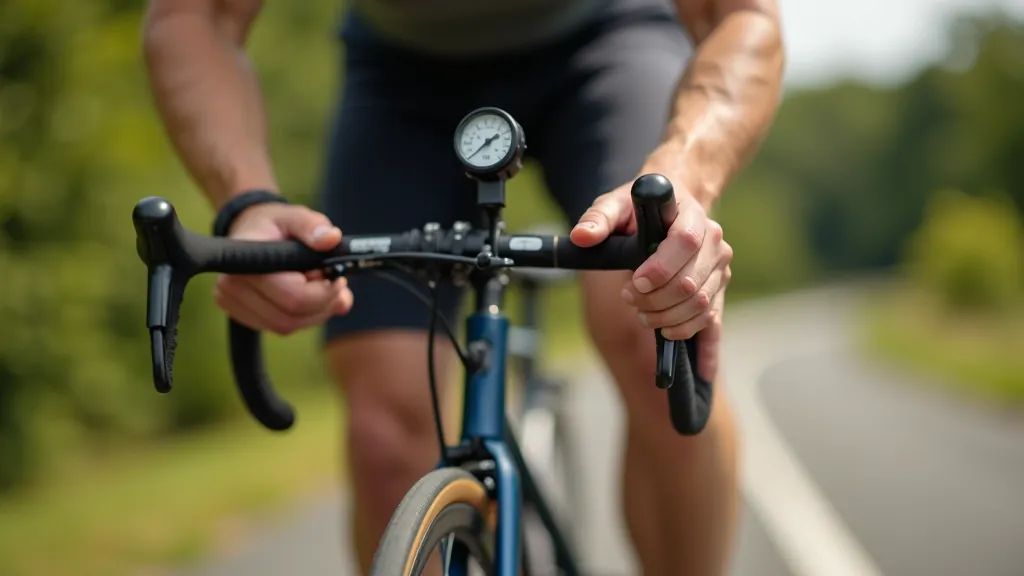 Close-up of cyclist checking tire pressure with a pressure gauge on a bicycle wheel