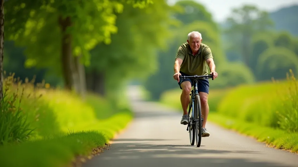 Senior cyclist riding on the flat paved surface of the Great Western Greenway