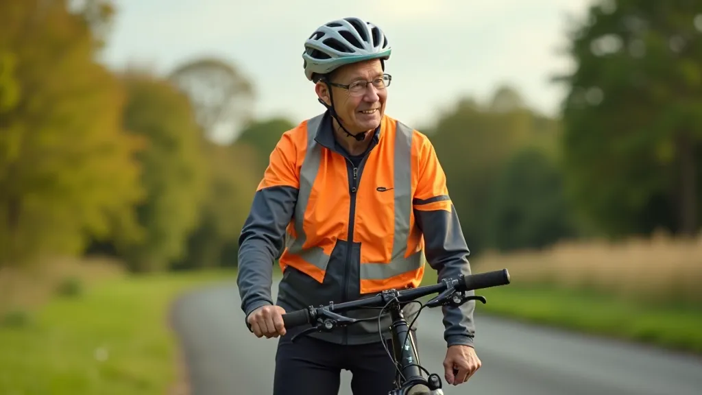 Senior cyclist wearing safety gear including helmet and visibility clothing